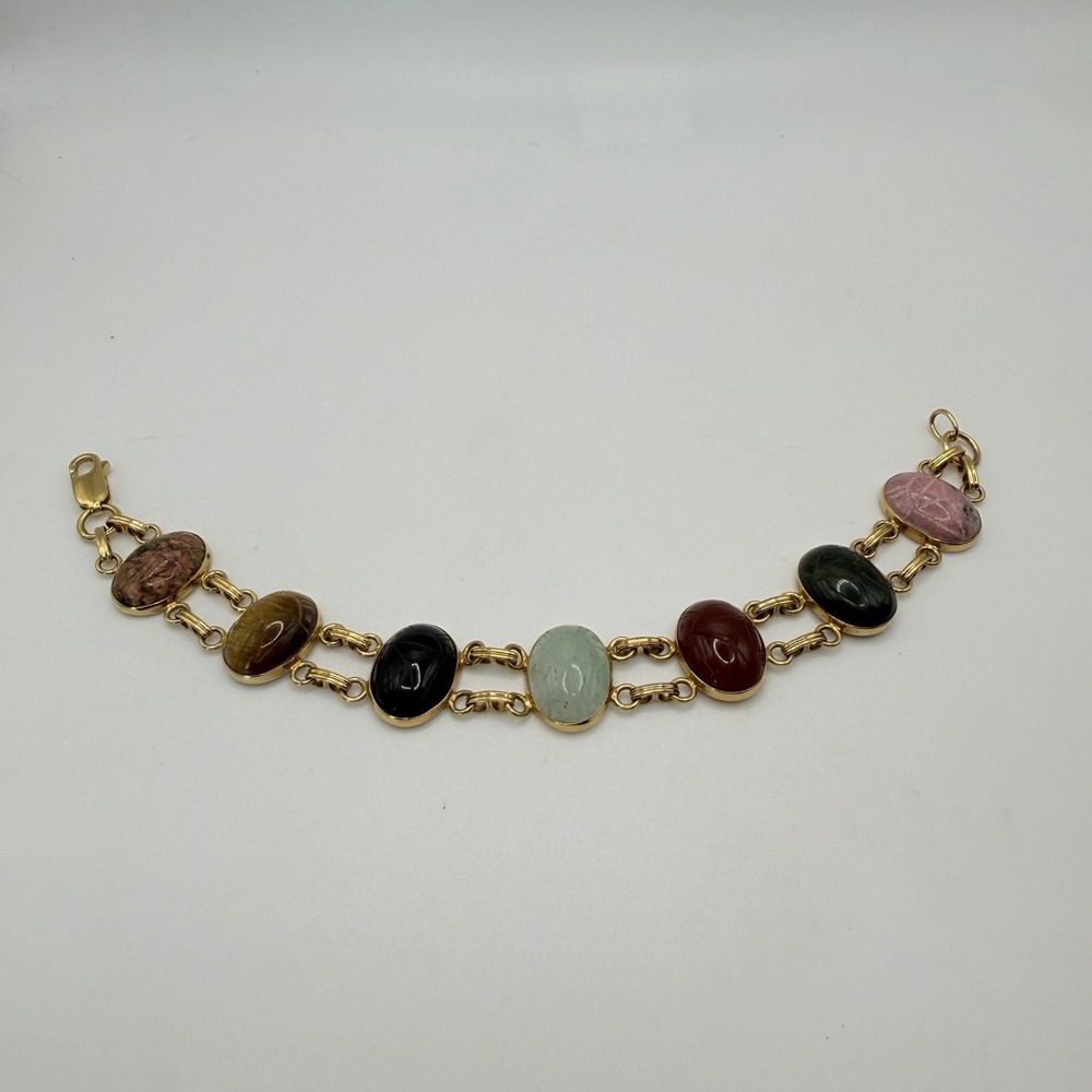 Vintage Carved Scarab 1/20 14K GF Multi Color Gemstone Bracelet Van Bell 7.5"